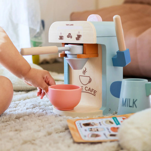 Tiny Land® Play Kitchen Accessories – Children’s Coffee Maker: Wooden Kids Play Coffee Maker Set | Toy Cookware | The Baby Penguin