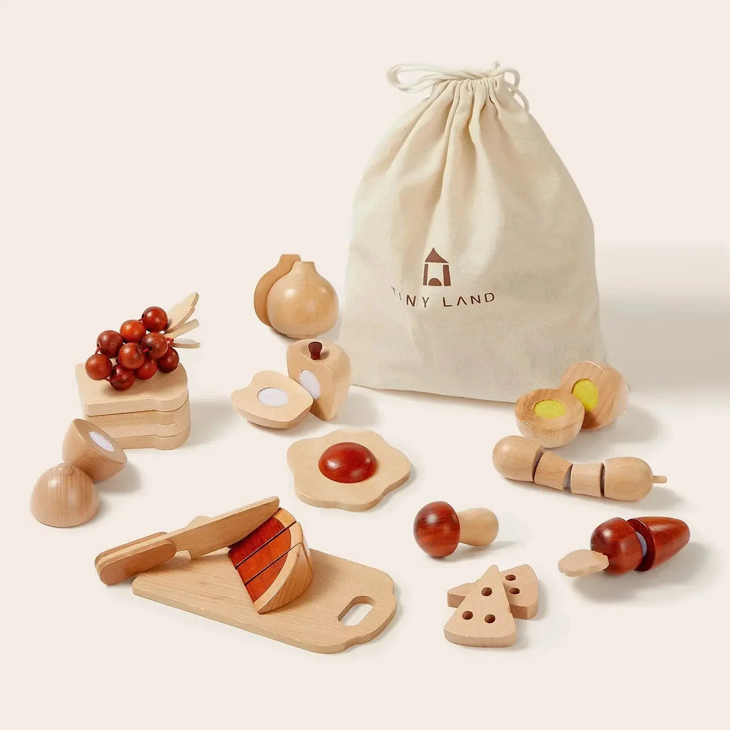 Tiny Land® Play Kitchen Accessories – Play Food for Play Kitchen: Wooden Cut and Play Food Toys | Toy Cookware | The Baby Penguin