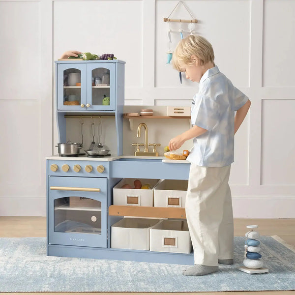 Tiny Land® Pretend Play Kitchen for Kids - Serenity Wooden Kitchen – Blue | Toy | The Baby Penguin