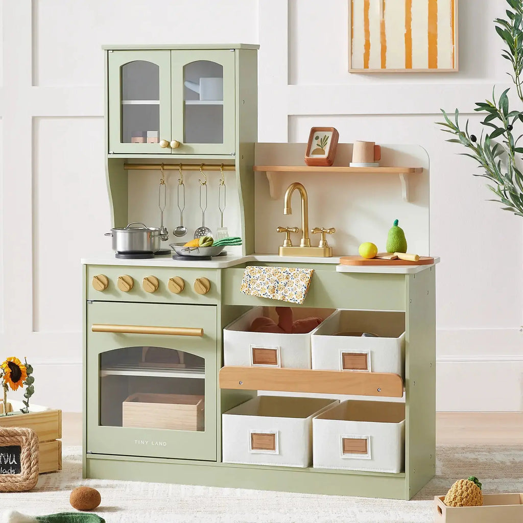 Tiny Land® Pretend Play Kitchen for Toddlers - Serenity Wooden Kitchen – Green | Toy | The Baby Penguin