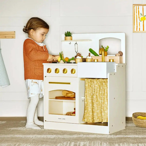 Tiny Land® Wooden Play Kitchen for Toddlers - Honey Kitchenette Pretend Cooking Set | Toy | The Baby Penguin
