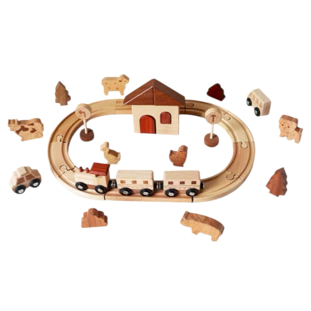 Wooden Farm Train Track Play Set – 32-Piece Natural Solid Wood Toy |  | The Baby Penguin