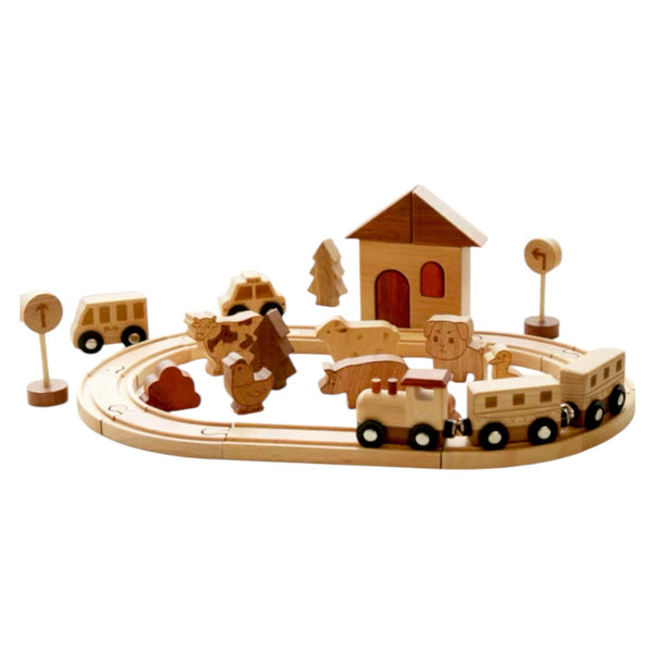 Wooden Farm Train Track Play Set – 32-Piece Natural Solid Wood Toy |  | The Baby Penguin