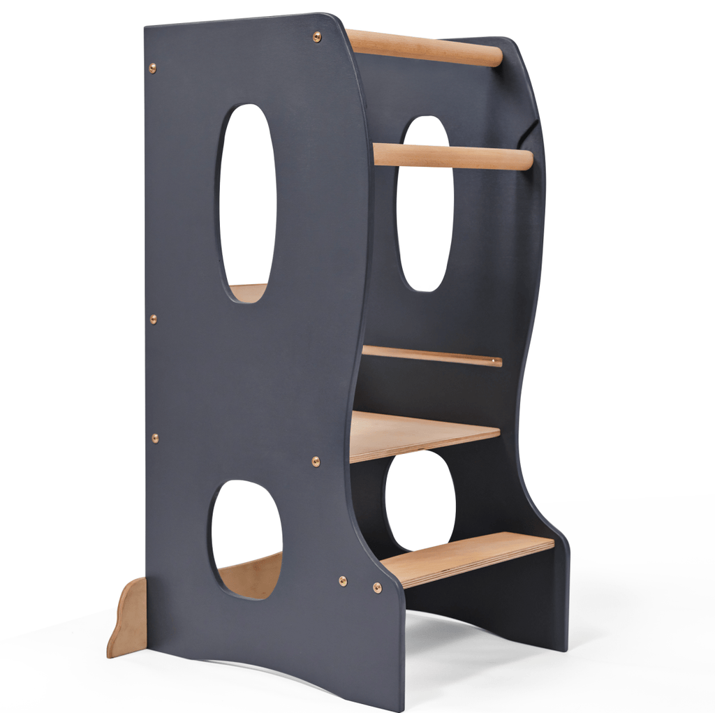 Stable Montessori Learning Tower: Wooden Growing Chair - Grey |  | The Baby Penguin